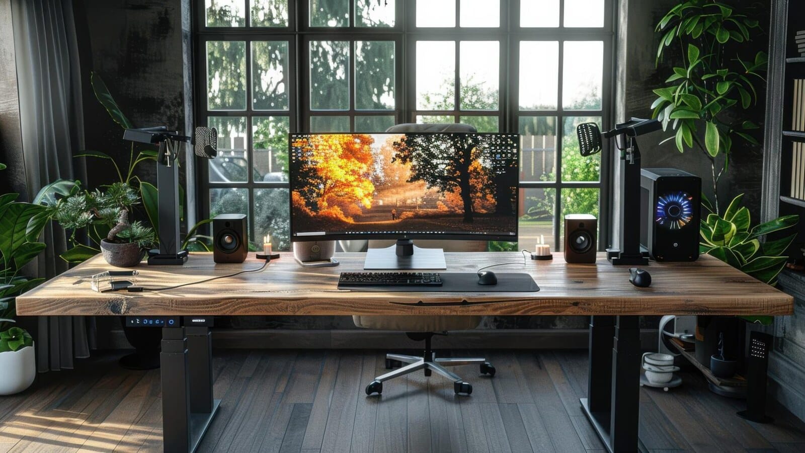 Clean gaming desk with monitor keyboard and soft lighting for a focused setup