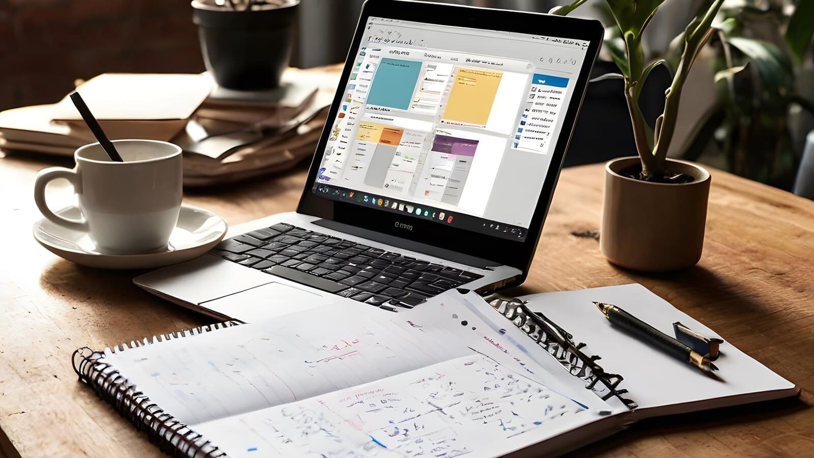 Content calendar planning on a laptop with notebook and social media notes