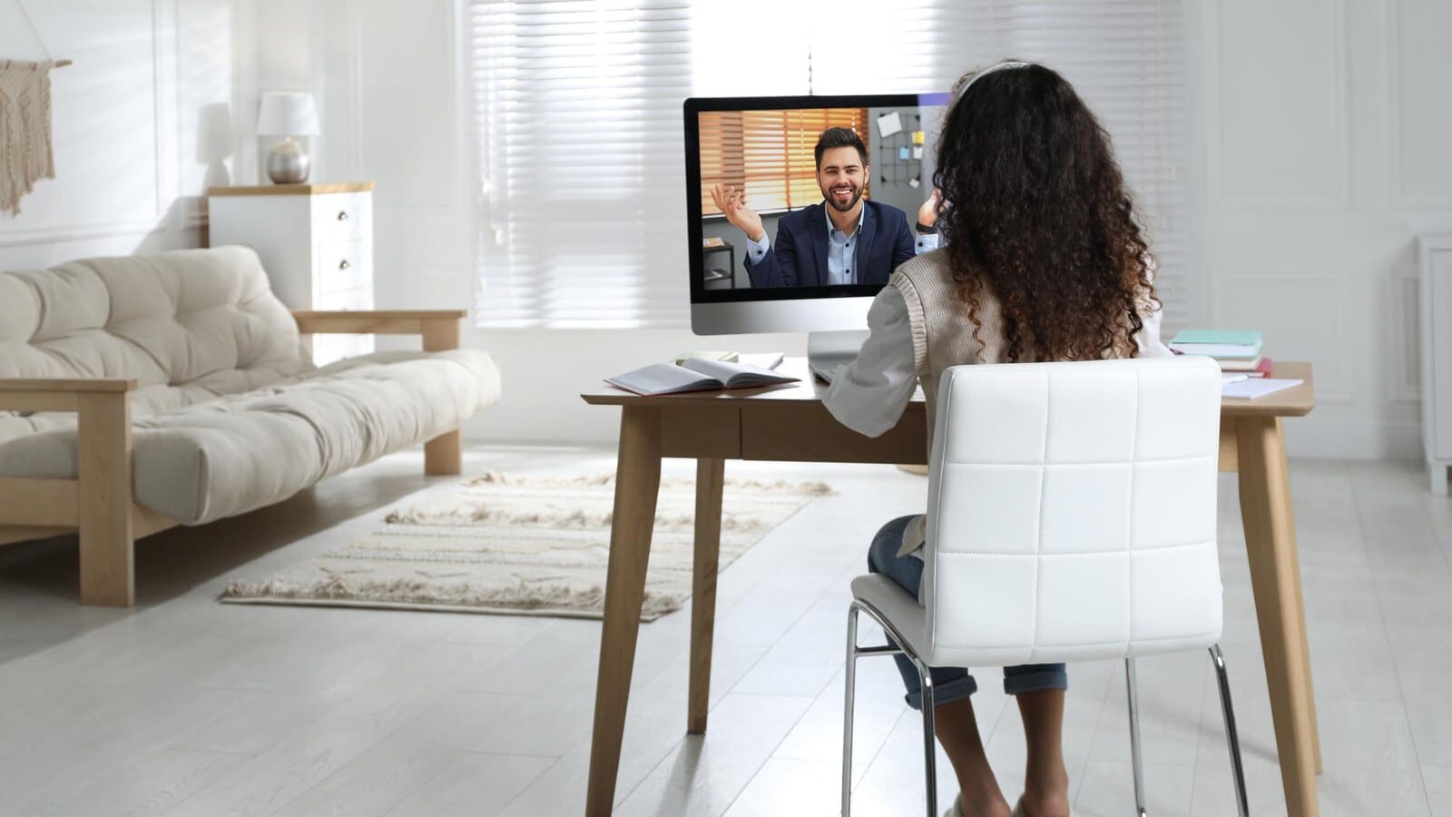 Comfortable private space prepared for a virtual therapy appointment