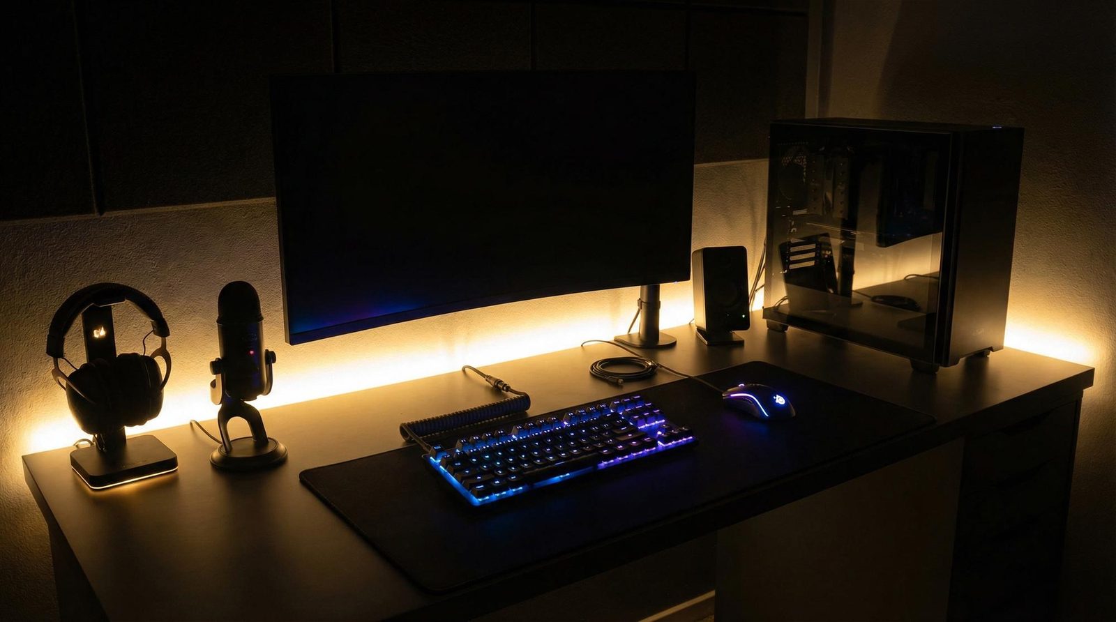 Gaming desk with monitor lighting and tidy gear arranged for longer play
