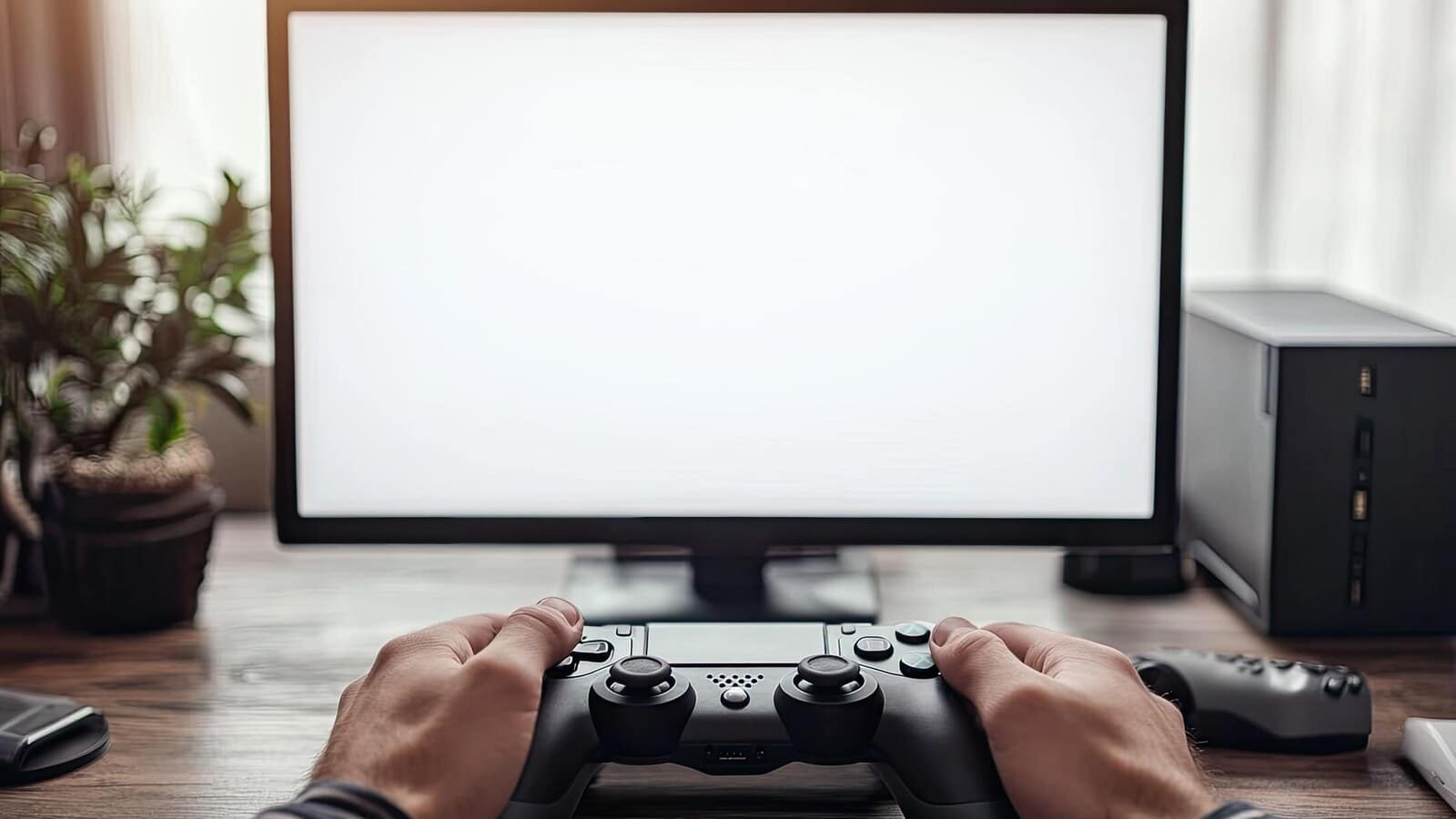 Gaming controller on a desk near a monitor with a settings menu
