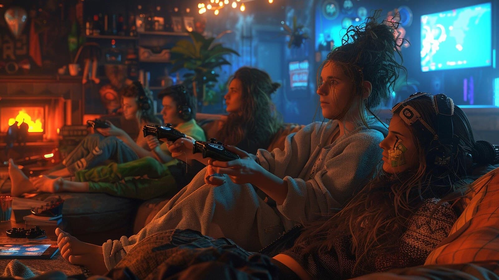 Friends playing video games together on a couch at night