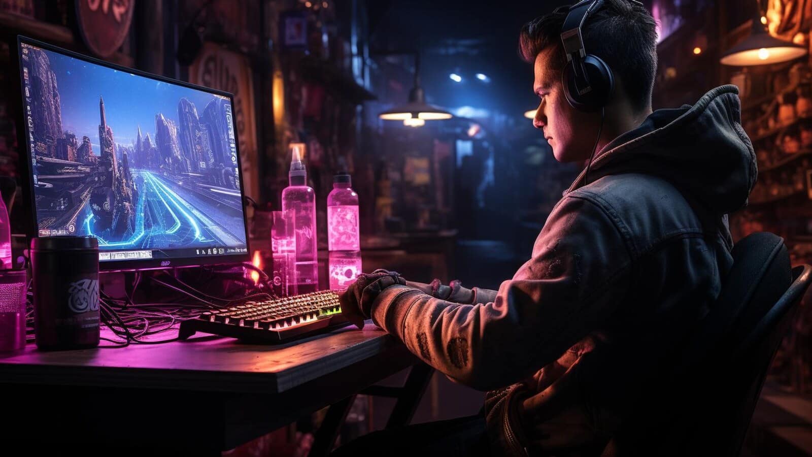 Gamer taking a short break from a computer with headset on the desk