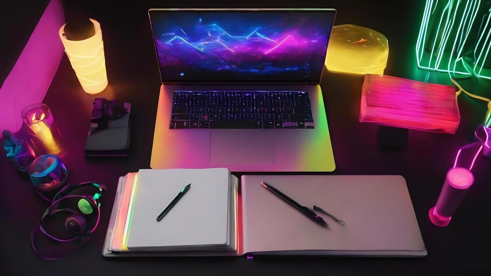 Laptop, notebook, and game controller on a desk while planning portfolio proof
