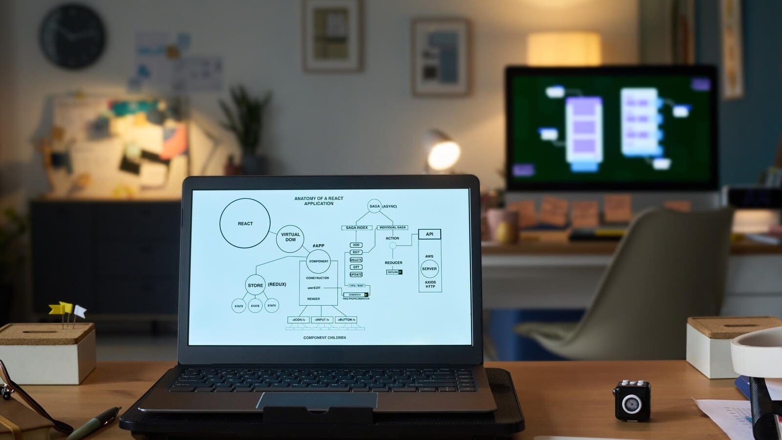 Laptop with interface wireframes beside gaming gear and notes