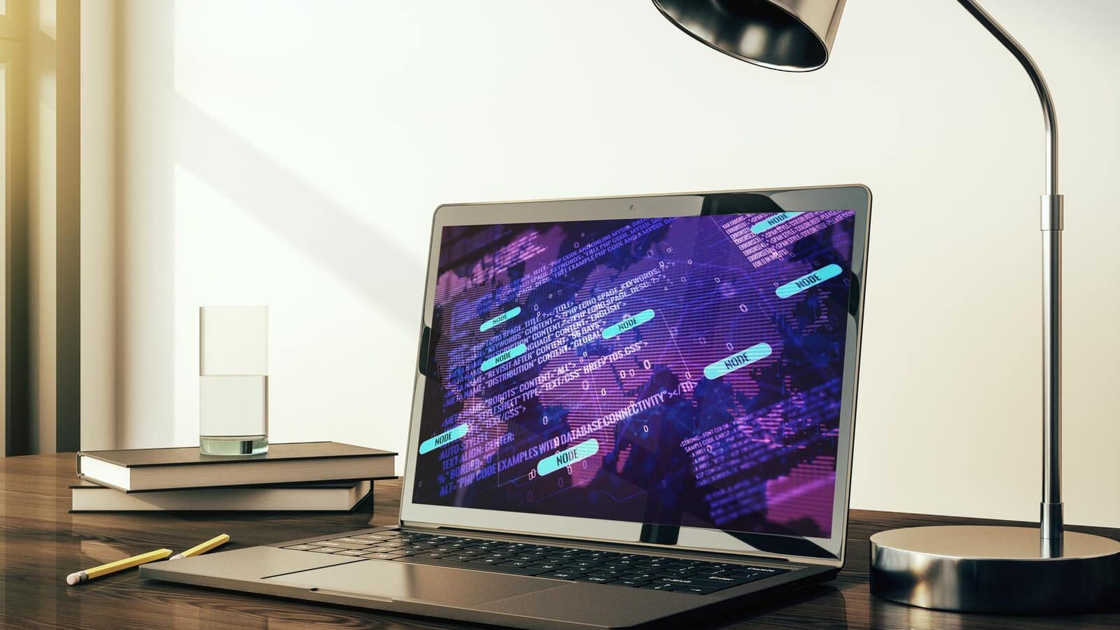Laptop with website code on a desk beside gaming gear